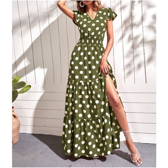 Boho Dusty PInk  Polka Dot V neck Ruffle Maxi Dress - Picture 2 of 9